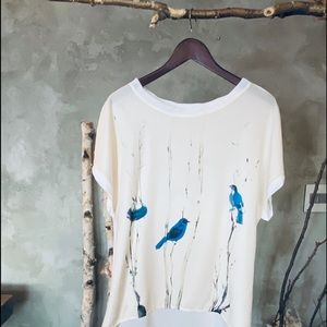 Elegant White Blouse with Blue Bird Design